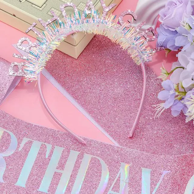 Alt view image 2 of 7 - COCIDE Birthday Girl Headband & Sash - Birthday Crown for Women & Girls Pink Glitter Letter Tiara Birth Day Decorations Accessories Gift for Her (A1 Pink)