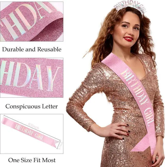 Alt view image 4 of 7 - COCIDE Birthday Girl Headband & Sash - Birthday Crown for Women & Girls Pink Glitter Letter Tiara Birth Day Decorations Accessories Gift for Her (A1 Pink)
