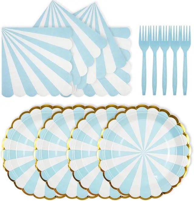 Main image of 72PCS Blue Paper Plates and Napkins Party Supplies, Gold Foil Edge Scalloped Striped Paper Plates Napkins Disposable Tableware Set for Birthday Wedding Baby Shower Party Decoration (Blue)