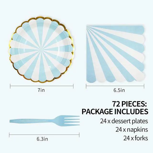 Alt view image 2 of 7 - 72PCS Blue Paper Plates and Napkins Party Supplies, Gold Foil Edge Scalloped Striped Paper Plates Napkins Disposable Tableware Set for Birthday Wedding Baby Shower Party Decoration (Blue)