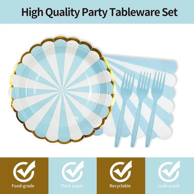 Alt view image 3 of 7 - 72PCS Blue Paper Plates and Napkins Party Supplies, Gold Foil Edge Scalloped Striped Paper Plates Napkins Disposable Tableware Set for Birthday Wedding Baby Shower Party Decoration (Blue)