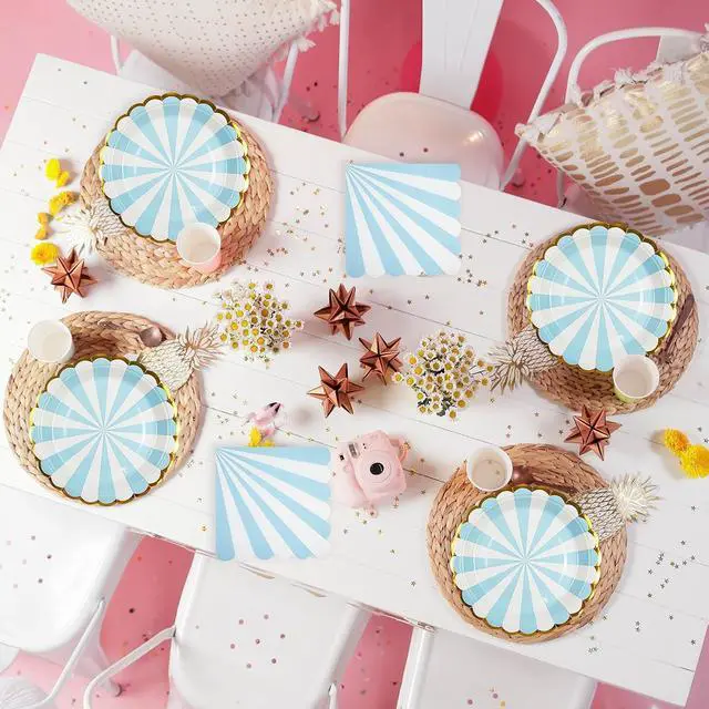 Alt view image 5 of 7 - 72PCS Blue Paper Plates and Napkins Party Supplies, Gold Foil Edge Scalloped Striped Paper Plates Napkins Disposable Tableware Set for Birthday Wedding Baby Shower Party Decoration (Blue)