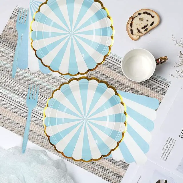 Alt view image 6 of 7 - 72PCS Blue Paper Plates and Napkins Party Supplies, Gold Foil Edge Scalloped Striped Paper Plates Napkins Disposable Tableware Set for Birthday Wedding Baby Shower Party Decoration (Blue)
