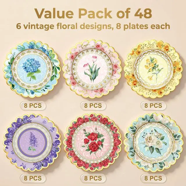 Alt view image 4 of 7 - 48 Pcs Floral Paper Plates 7 inch, Vintage Flower Tea Party Scalloped Plates Disposable Cake Dessert Plate for Baby Shower Bridal Shower Birthday Wedding Party Decorations (Floral)