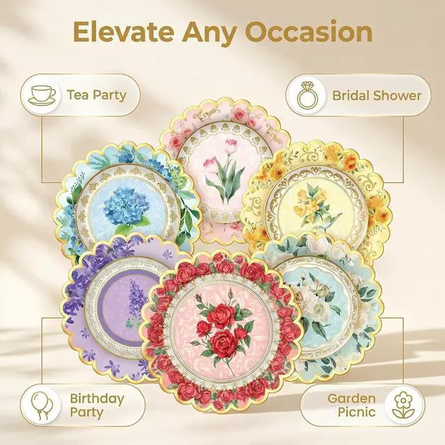 Alt view image 3 of 7 - 48 Pcs Floral Paper Plates 7 inch, Vintage Flower Tea Party Scalloped Plates Disposable Cake Dessert Plate for Baby Shower Bridal Shower Birthday Wedding Party Decorations (Floral)