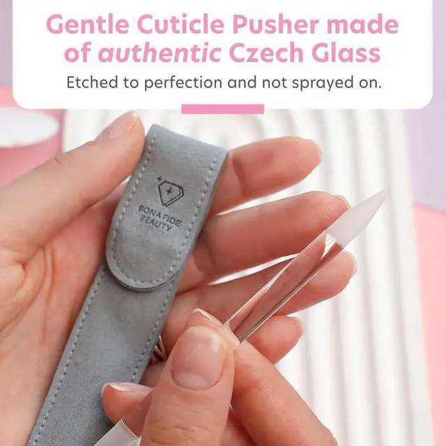 Alt view image 2 of 7 - Bona Fide Beauty Czech Glass Cuticle Pusher (Clear), 1Pc with Pouch | Dual-Ended Cuticle Pusher made in the Czech Republic, washable nail care, reusable glass stick, comes with protective pouch