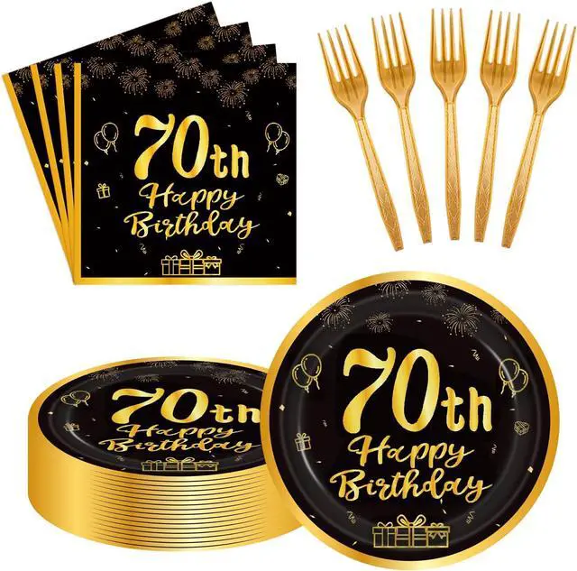 Main image of 60pcs 70th Birthday Party Paper Plates and Napkins Forks Serves 20 Guest | 70th Birthday Black Gold Dessert Cake Plates Party Decorations Supplies