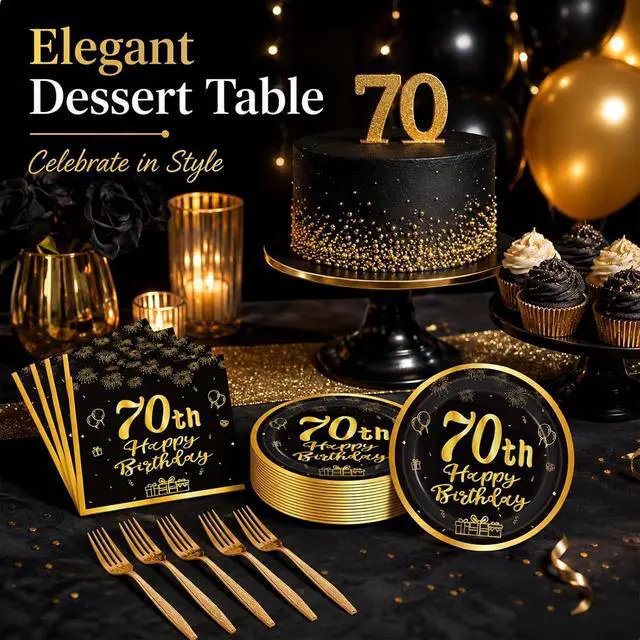 Alt view image 2 of 7 - 60pcs 70th Birthday Party Paper Plates and Napkins Forks Serves 20 Guest | 70th Birthday Black Gold Dessert Cake Plates Party Decorations Supplies
