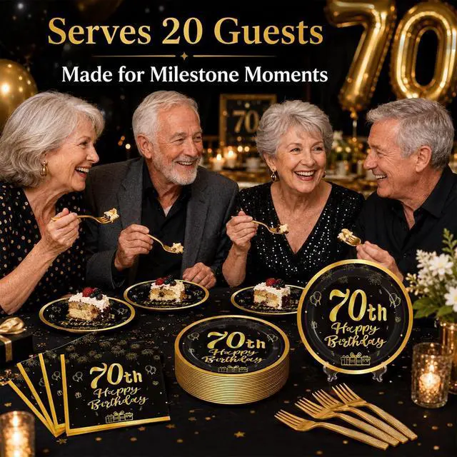 Alt view image 3 of 7 - 60pcs 70th Birthday Party Paper Plates and Napkins Forks Serves 20 Guest | 70th Birthday Black Gold Dessert Cake Plates Party Decorations Supplies