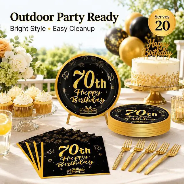 Alt view image 4 of 7 - 60pcs 70th Birthday Party Paper Plates and Napkins Forks Serves 20 Guest | 70th Birthday Black Gold Dessert Cake Plates Party Decorations Supplies