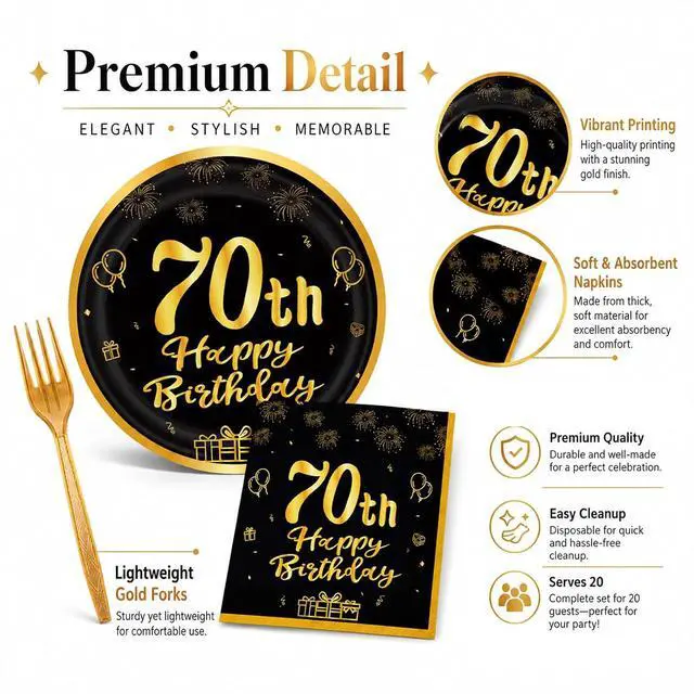 Alt view image 5 of 7 - 60pcs 70th Birthday Party Paper Plates and Napkins Forks Serves 20 Guest | 70th Birthday Black Gold Dessert Cake Plates Party Decorations Supplies