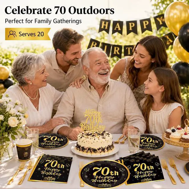 Alt view image 6 of 7 - 60pcs 70th Birthday Party Paper Plates and Napkins Forks Serves 20 Guest | 70th Birthday Black Gold Dessert Cake Plates Party Decorations Supplies