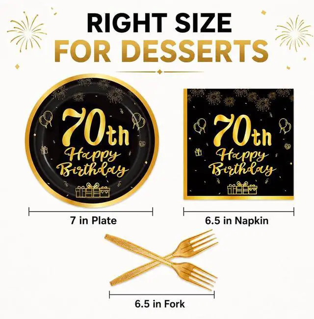 Alt view image 7 of 7 - 60pcs 70th Birthday Party Paper Plates and Napkins Forks Serves 20 Guest | 70th Birthday Black Gold Dessert Cake Plates Party Decorations Supplies