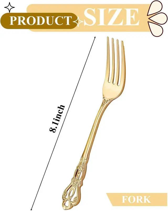 Alt view image 2 of 7 - 30PCS Gold Plastic Forks 8.1inch Vintage Baroque Forks for Dinners | Sturdy Disposable Forks, Heavy Duty Dessert Forks, BPA-Free and Disposable, for Parties, Weddings, and Special Events