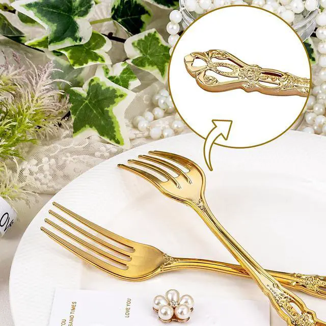 Alt view image 3 of 7 - 30PCS Gold Plastic Forks 8.1inch Vintage Baroque Forks for Dinners | Sturdy Disposable Forks, Heavy Duty Dessert Forks, BPA-Free and Disposable, for Parties, Weddings, and Special Events