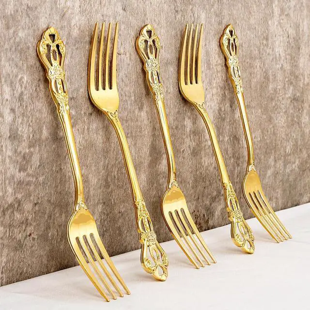 Alt view image 4 of 7 - 30PCS Gold Plastic Forks 8.1inch Vintage Baroque Forks for Dinners | Sturdy Disposable Forks, Heavy Duty Dessert Forks, BPA-Free and Disposable, for Parties, Weddings, and Special Events