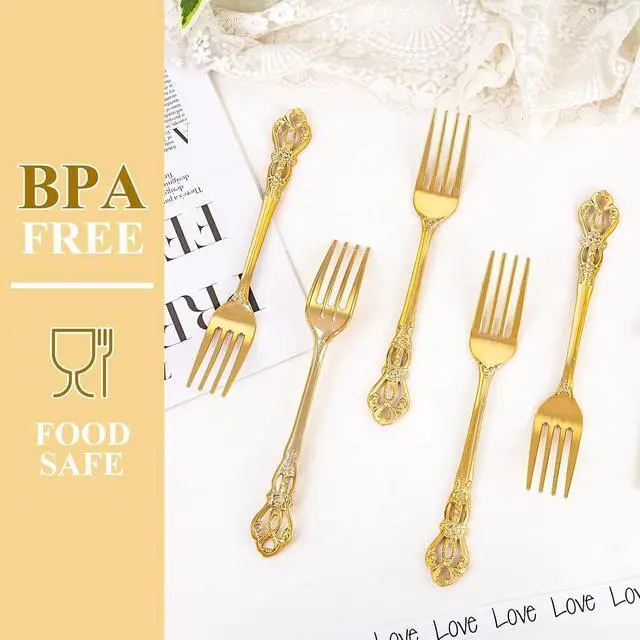 Alt view image 5 of 7 - 30PCS Gold Plastic Forks 8.1inch Vintage Baroque Forks for Dinners | Sturdy Disposable Forks, Heavy Duty Dessert Forks, BPA-Free and Disposable, for Parties, Weddings, and Special Events