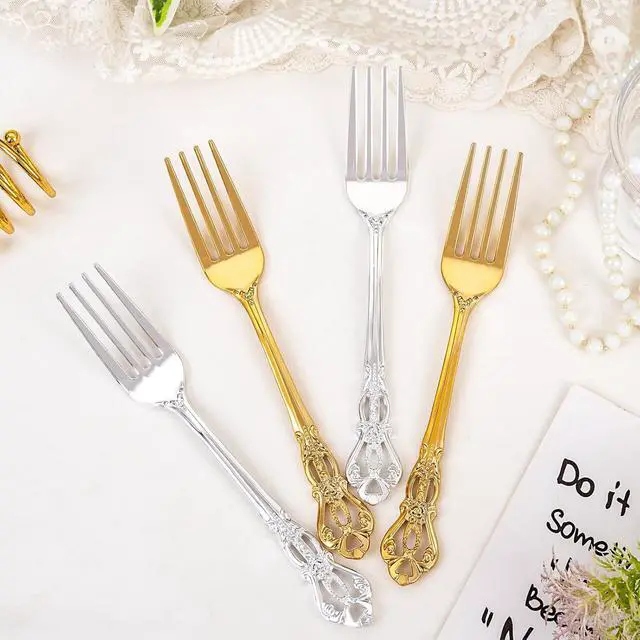 Alt view image 6 of 7 - 30PCS Gold Plastic Forks 8.1inch Vintage Baroque Forks for Dinners | Sturdy Disposable Forks, Heavy Duty Dessert Forks, BPA-Free and Disposable, for Parties, Weddings, and Special Events