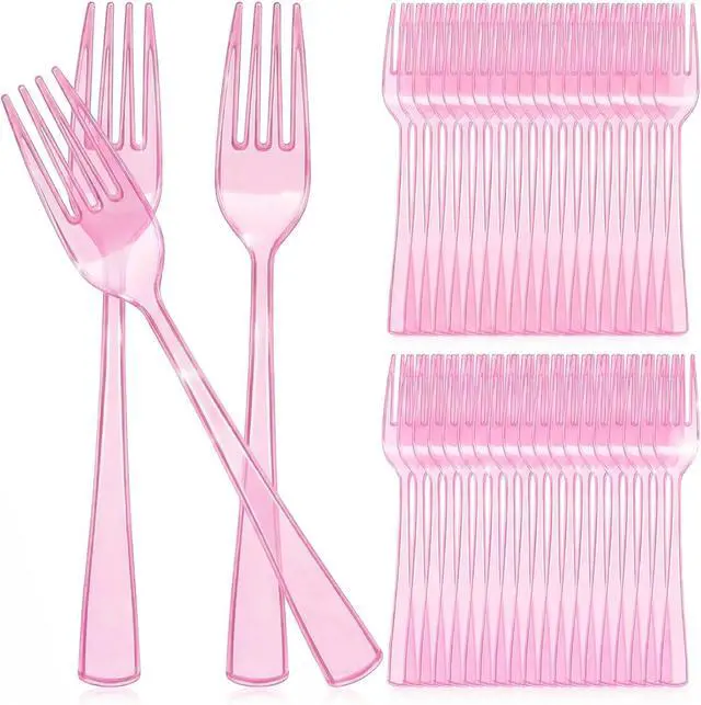 Main image of Minatee 50 Pcs Plastic Pink Forks, Disposable Heavy Duty Cutlery | Plastic Silverware, Dinnerware, Flatware for Parties Supplies, Dessert, Picnics, Holiday, House