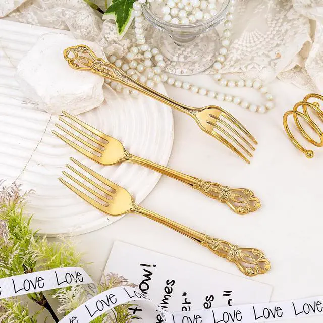 Alt view image 7 of 7 - 30PCS Gold Plastic Forks 8.1inch Vintage Baroque Forks for Dinners | Sturdy Disposable Forks, Heavy Duty Dessert Forks, BPA-Free and Disposable, for Parties, Weddings, and Special Events