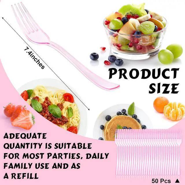 Alt view image 2 of 7 - Minatee 50 Pcs Plastic Pink Forks, Disposable Heavy Duty Cutlery | Plastic Silverware, Dinnerware, Flatware for Parties Supplies, Dessert, Picnics, Holiday, House