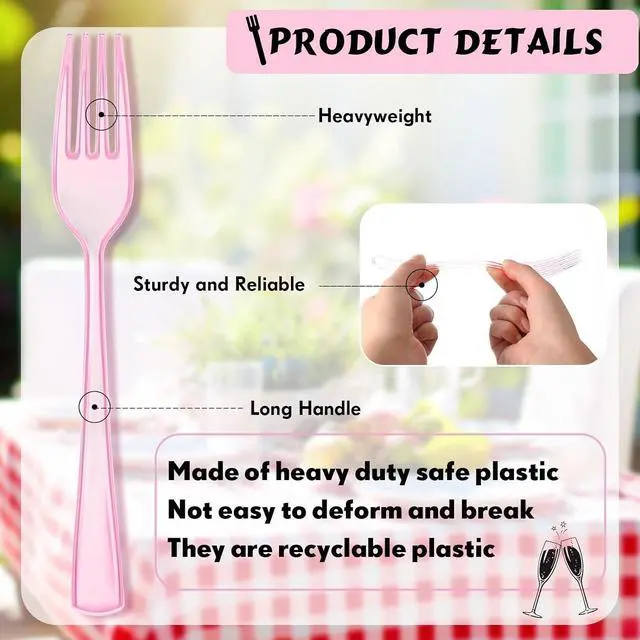 Alt view image 3 of 7 - Minatee 50 Pcs Plastic Pink Forks, Disposable Heavy Duty Cutlery | Plastic Silverware, Dinnerware, Flatware for Parties Supplies, Dessert, Picnics, Holiday, House