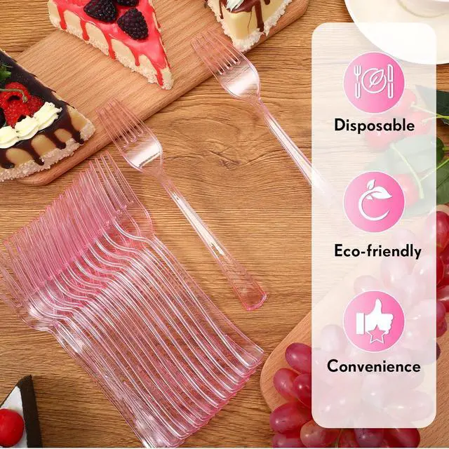 Alt view image 5 of 7 - Minatee 50 Pcs Plastic Pink Forks, Disposable Heavy Duty Cutlery | Plastic Silverware, Dinnerware, Flatware for Parties Supplies, Dessert, Picnics, Holiday, House