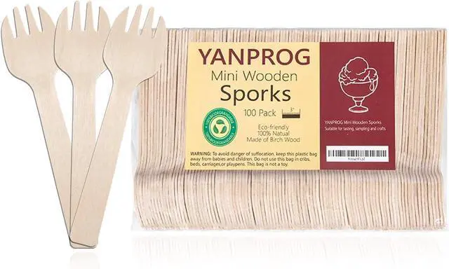 Main image of Mini Wooden Sporks Disposable 4" Small Wooden Fork Spoon 100 Pcs Biodegradable Compostable Birchwood Mini Forks for Parties, Weddings, Camping