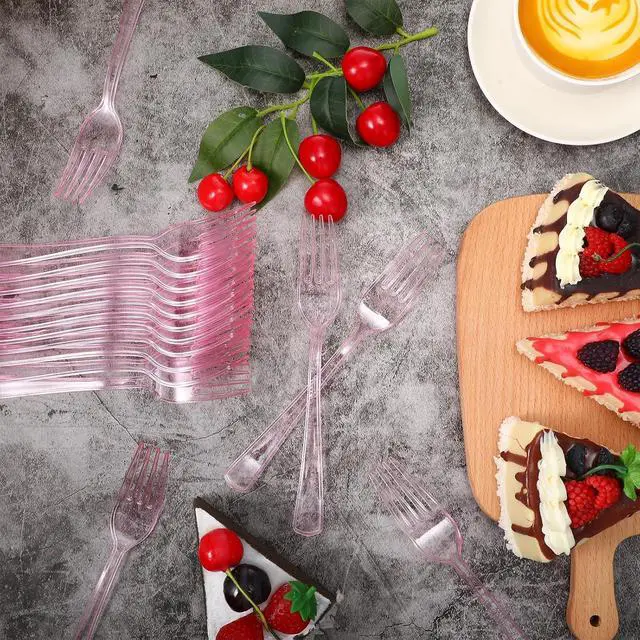 Alt view image 7 of 7 - Minatee 50 Pcs Plastic Pink Forks, Disposable Heavy Duty Cutlery | Plastic Silverware, Dinnerware, Flatware for Parties Supplies, Dessert, Picnics, Holiday, House