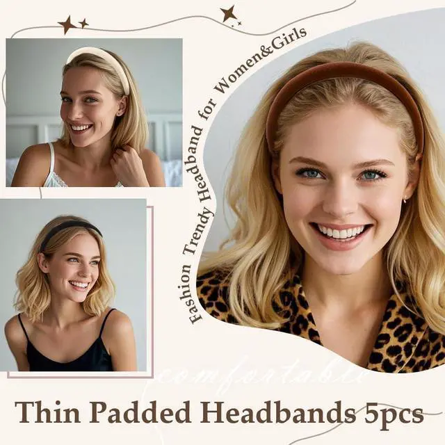 Alt view image 3 of 7 - Aprince Padded Headbands for Women 5Pcs, Neutral Headband Non-slip, Thin Headbands with Soft Fabric, Comfortable Brown Headband, Head Bands for Womens Hair, Plain Elastic Hairbands Fashion