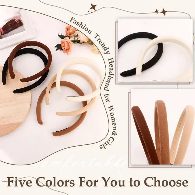 Alt view image 4 of 7 - Aprince Padded Headbands for Women 5Pcs, Neutral Headband Non-slip, Thin Headbands with Soft Fabric, Comfortable Brown Headband, Head Bands for Womens Hair, Plain Elastic Hairbands Fashion