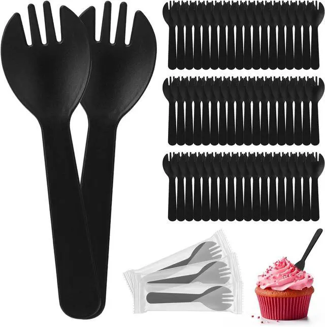 Main image of 100Pcs Mini Disposable Plastic Sporks, 4.2 Inch | Individually Wrapped Black Small Fork and Spoon Utensils for Desserts, School Lunch, Catering, Restaurants & Birthday Party