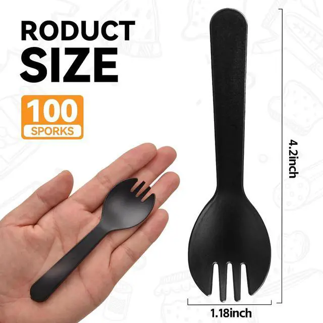 Alt view image 2 of 7 - 100Pcs Mini Disposable Plastic Sporks, 4.2 Inch | Individually Wrapped Black Small Fork and Spoon Utensils for Desserts, School Lunch, Catering, Restaurants & Birthday Party