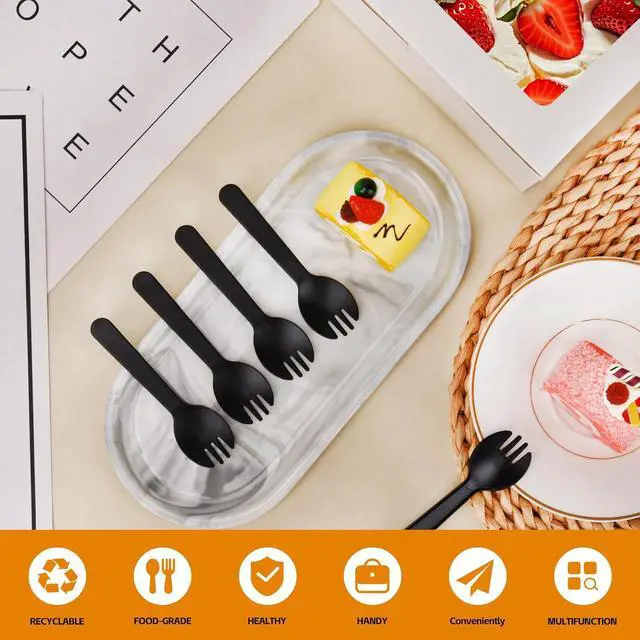 Alt view image 3 of 7 - 100Pcs Mini Disposable Plastic Sporks, 4.2 Inch | Individually Wrapped Black Small Fork and Spoon Utensils for Desserts, School Lunch, Catering, Restaurants & Birthday Party