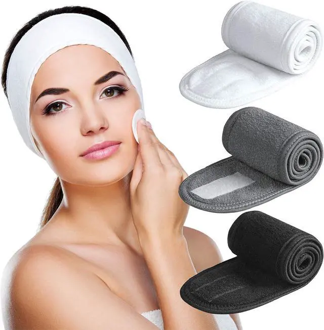 Main image of Denfany Spa Headband Soft Terry Cloth Adjustable for Face Washing & Yoga | Durable & Absorbent, Gentle on Skin, Perfect for Makeup Removal, Shower & Yoga, 3 Colors (Black/White/Grey)