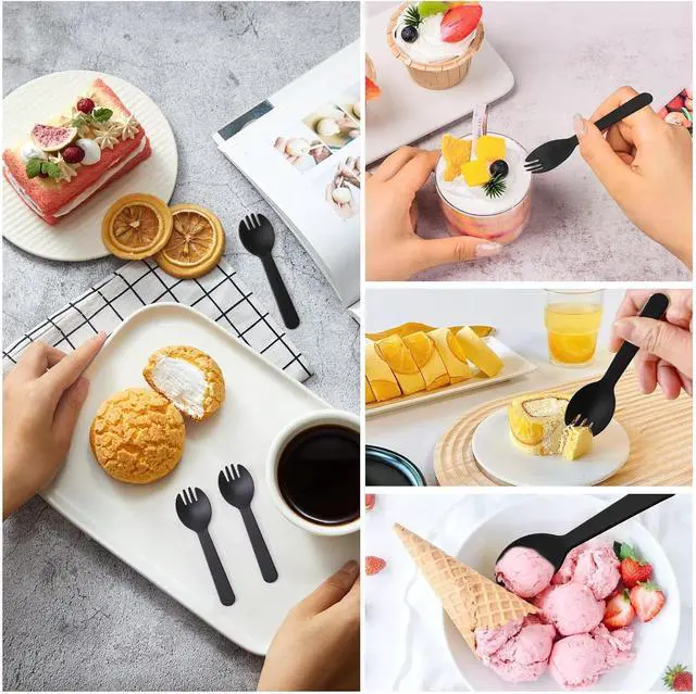 Alt view image 5 of 7 - 100Pcs Mini Disposable Plastic Sporks, 4.2 Inch | Individually Wrapped Black Small Fork and Spoon Utensils for Desserts, School Lunch, Catering, Restaurants & Birthday Party