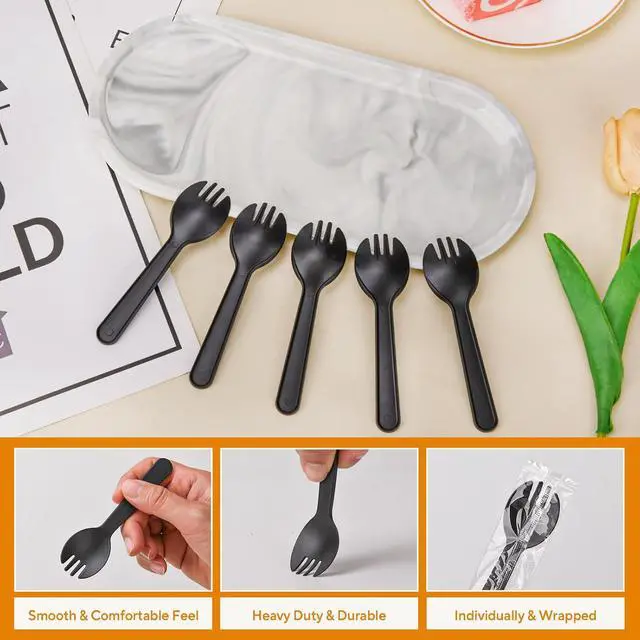 Alt view image 4 of 7 - 100Pcs Mini Disposable Plastic Sporks, 4.2 Inch | Individually Wrapped Black Small Fork and Spoon Utensils for Desserts, School Lunch, Catering, Restaurants & Birthday Party