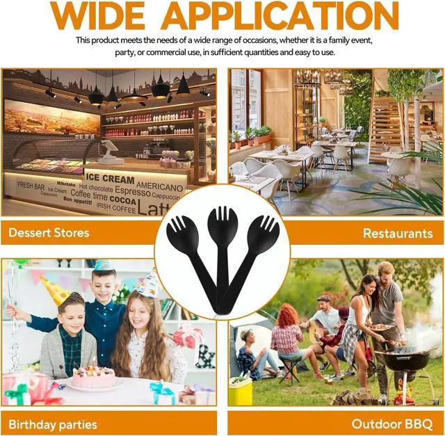 Alt view image 7 of 7 - 100Pcs Mini Disposable Plastic Sporks, 4.2 Inch | Individually Wrapped Black Small Fork and Spoon Utensils for Desserts, School Lunch, Catering, Restaurants & Birthday Party