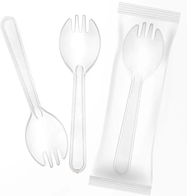 Main image of Mini Plastic Sporks Disposable Individually Wrapped, Clear Forks and Spoons 2 in 1 Party Supply 4.3" 100 PCS