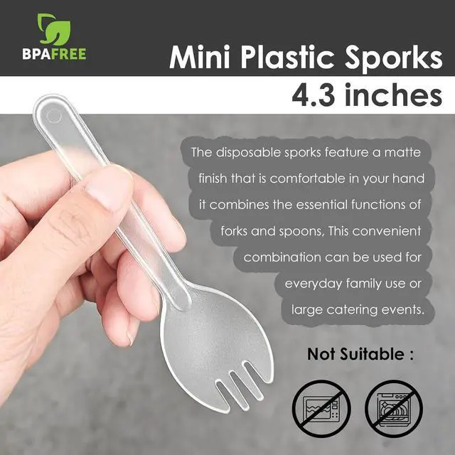 Alt view image 2 of 5 - Mini Plastic Sporks Disposable Individually Wrapped, Clear Forks and Spoons 2 in 1 Party Supply 4.3" 100 PCS