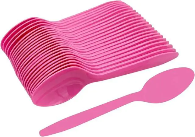 Main image of 100 Count Plastic Teaspoons, Pink Party Spoons | Disposable design for quick cleanup after parties, events, and gatherings