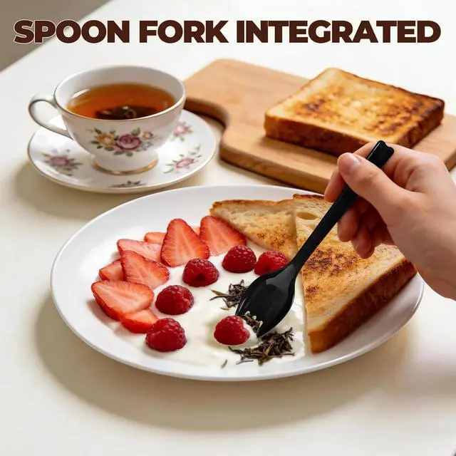 Alt view image 3 of 7 - 50-Pack Individually Wrapped Disposable Forks with Scoop Design, 6.3 Inch Heavyweight Black Plastic Spork Utensils for Desserts, Restaurant, Takeout, Catering & Events