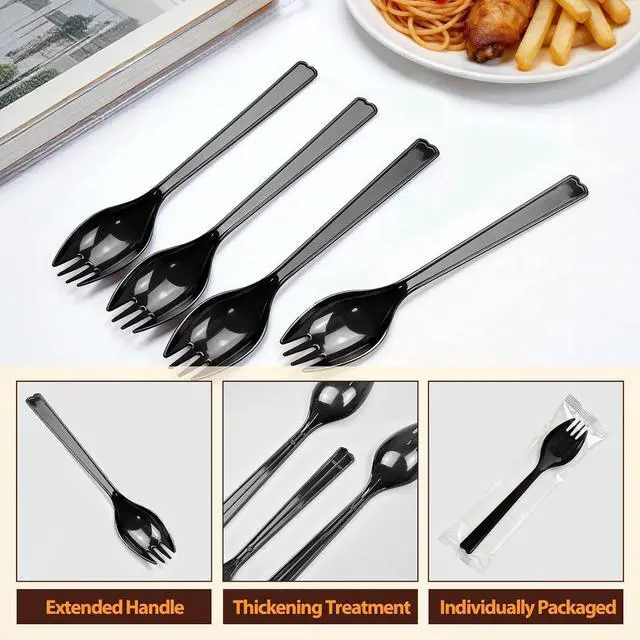 Alt view image 4 of 7 - 50-Pack Individually Wrapped Disposable Forks with Scoop Design, 6.3 Inch Heavyweight Black Plastic Spork Utensils for Desserts, Restaurant, Takeout, Catering & Events
