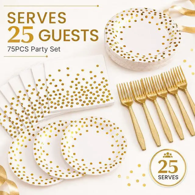 Alt view image 2 of 7 - 75PCS Paper Plates and Napkins Set, White and Gold Dot | Disposable Party Dinnerware, Includes Paper Plates, Napkins, Forks