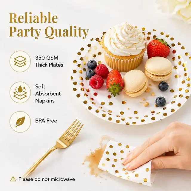 Alt view image 4 of 7 - 75PCS Paper Plates and Napkins Set, White and Gold Dot | Disposable Party Dinnerware, Includes Paper Plates, Napkins, Forks