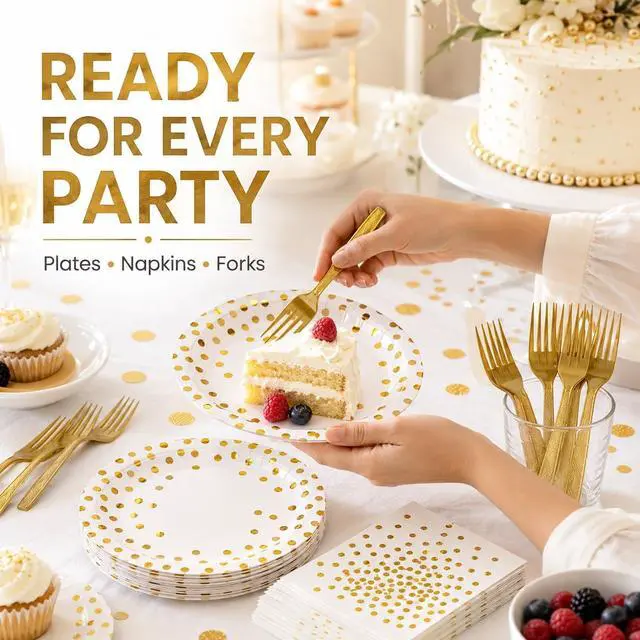 Alt view image 5 of 7 - 75PCS Paper Plates and Napkins Set, White and Gold Dot | Disposable Party Dinnerware, Includes Paper Plates, Napkins, Forks