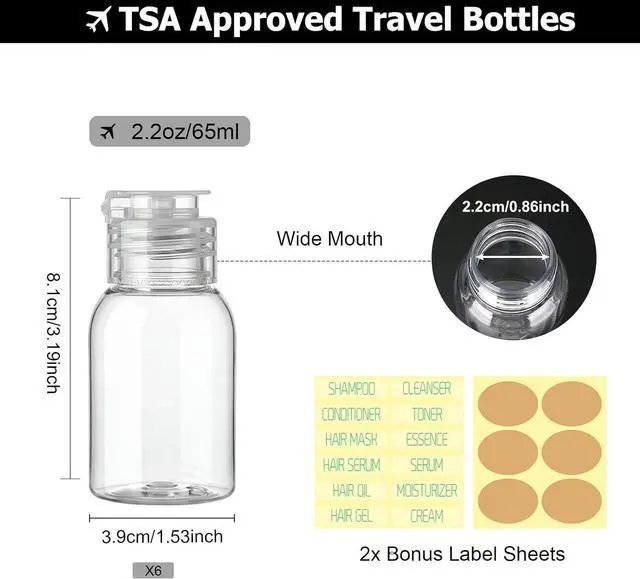 Alt view image 2 of 7 - Travel Bottles for Toiletries 6 Pack 2.2oz Leak Proof Containers | Wide Mouth, TSA Approved, Refillable Squeeze Bottles with Flip Cap, for Shampoo Conditioner Body Wash Lotion(Clear)