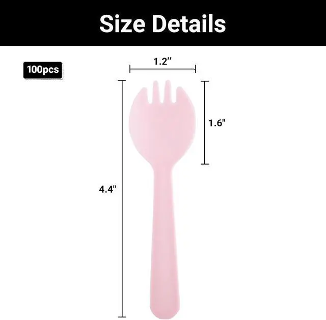 Alt view image 2 of 7 - EUSOAR Disposable Sporks, 100pcs 4.5"x1.3" Plastic Sporks, Heavy Duty Heavyweight Disposable Utensils Silverware Set Individually Wrapped Fork Spoon for Party Bulk Wedding Birthday Gathering-Pink