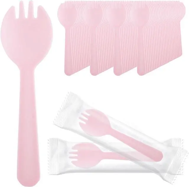 Main image of EUSOAR Disposable Sporks, 100pcs 4.5"x1.3" Plastic Sporks, Heavy Duty Heavyweight Disposable Utensils Silverware Set Individually Wrapped Fork Spoon for Party Bulk Wedding Birthday Gathering-Pink