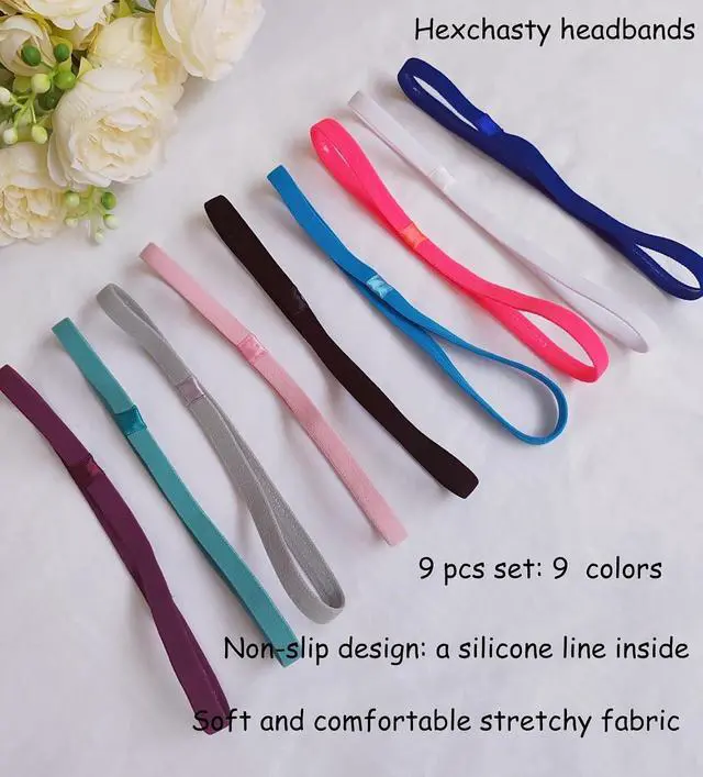 Alt view image 3 of 6 - Hexchasty 9pcs Elastic Thin Stretchy Skinny Sports Headbands for Women Men | athletic black yoga headbands